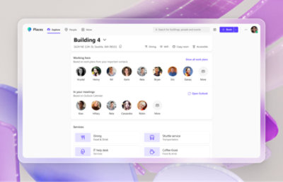 Screenshot of a user interface for a workplace directory showing building location, meeting reminders
