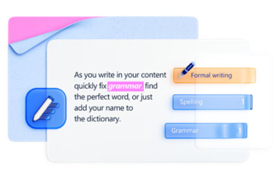 Illustration of an interface showcasing writing tools focused on grammar, spelling, and formal writing, with colorful text boxes and icons.
