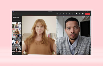 Dwie osoby uczestniczące w spotkaniu wirtualnym z kilkoma innymi uczestnikami widocznymi w mniejszych kanałach wideo.