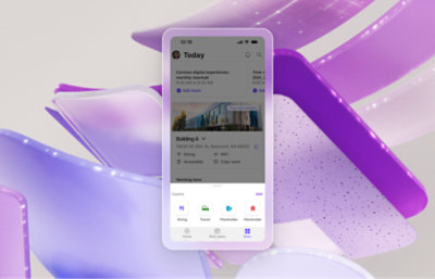 Een smartphone met een app voor digitale werkruimten met opties voor navigatie en ruimten reserveren