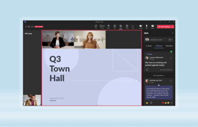 Spotkanie wirtualne „q3 town hall” prowadzone z uczestnikami i prezentacją na ekranie.