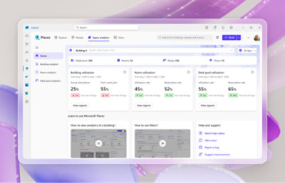 Gebruikersinterface van software voor gebouwbeheer met analyses voor ruimte- en bureaugebruik op een computerscherm