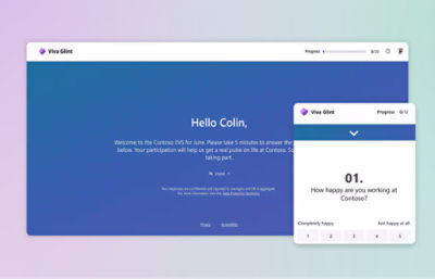 Viva Glint のアンケート インターフェイスが表示され、"Colin" への歓迎メッセージと仕事の満足度についての質問が表示されています