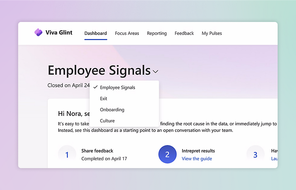 A dashboard screen displaying "Employee Signals" with a dropdown menu showing options