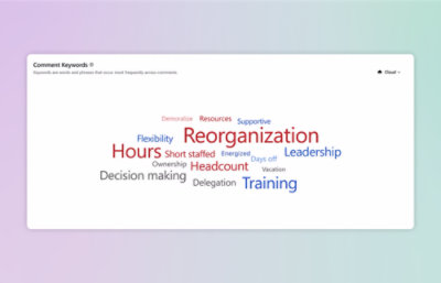 "組織再編," "時間," "リーダーシップ," "トレーニング," "人員," などの単語が表示されたワード クラウド。