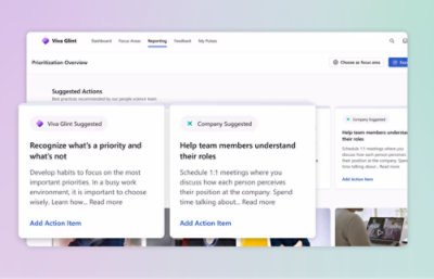 ダッシュボード上に 3 枚の提案カードが表示されています: "何が優先で、何が優先でないかを認識する," "チーム メンバーがそれぞれの役割を理解する