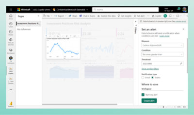 Demonstração do Microsoft Copilot da LSEG: Posições de investimento, análise de risco, ativador de dados em versão prévia, criar alerta, valor ajustado de carbono. Progresso de 60%