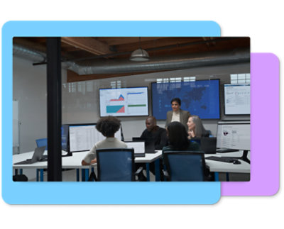 A screen showing a group of people in a room.