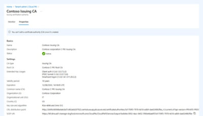 „Contoso“ sertifikavimo institucijos ekrano kopija