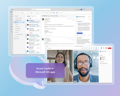 Kaksi henkilöä, joilla on meneillään Teams-videopuhelu ja avustaja avattuna oikealla puolella olevassa välilehdessä.
