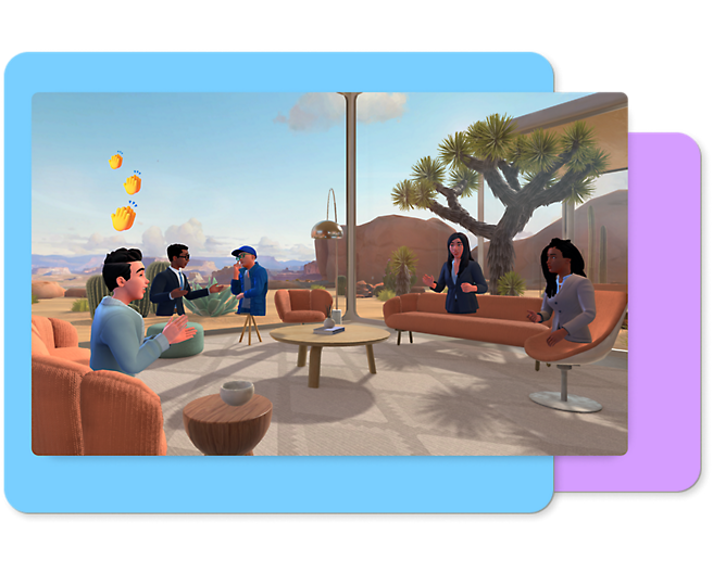 Een groep personen die rond een tafel in een virtuele wereld zitten.