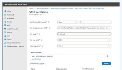 SCEP sertifikato ekrano kopija