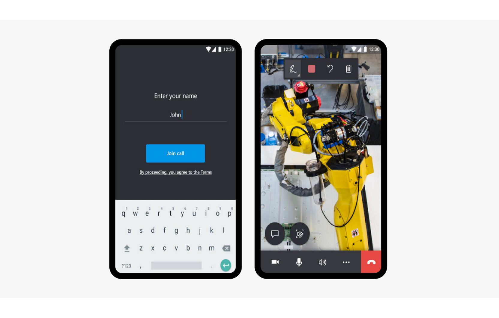 2 つのスマートフォン画面。左の画面にはログイン インターフェイス、右の画面にはビデオ通話が表示されています