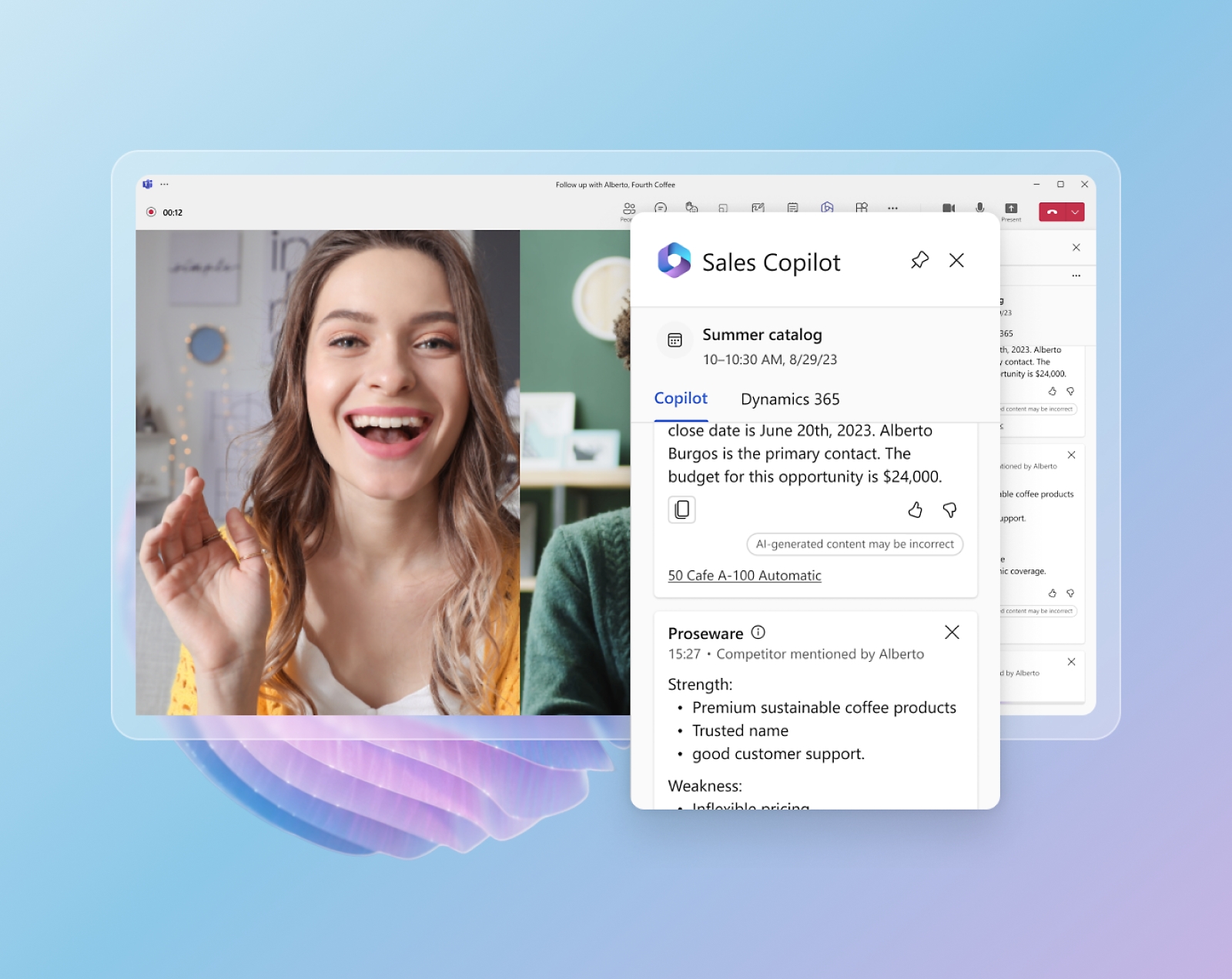 A video call in Microsoft Teams showing Sales Copilot meeting on pop up.