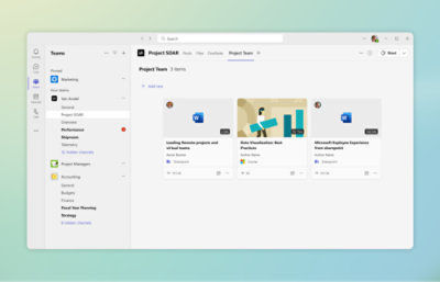 Teams interface with channels, activity, posts, files, and performance metrics for remote project management.