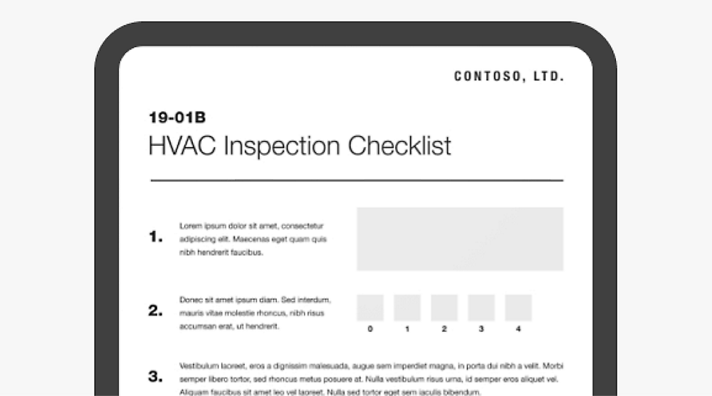 Abbildung eines Prüflistenformulars für die HVAC-Überprüfung von Contoso, Ltd. mit Platzhaltertext und einer Datentabelle.