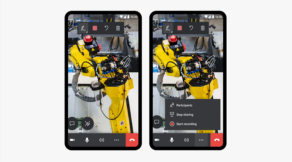Zwei Smartphonebildschirme zeigen einen Videochat mit einem gelben Roboterarm in einer Werkstattumgebung