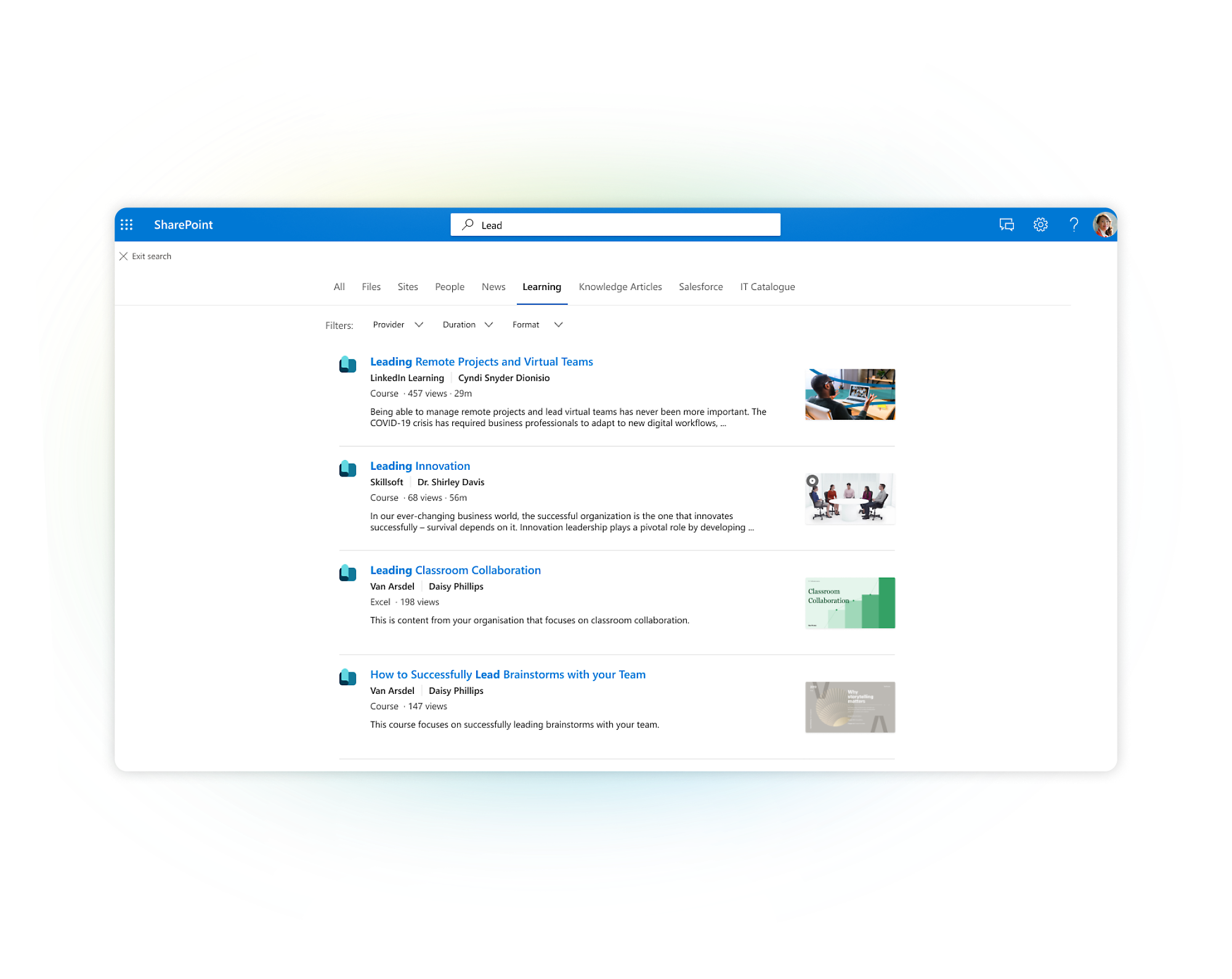 Navigacija SharePoint: Datoteke, spletna mesta, ljudje. Tečaji vključujejo projekte na daljavo, inovacije, sodelovanje v učilnici, brainstorming