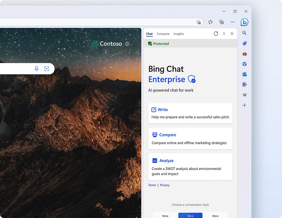 Fenêtre du navigateur montrant le champ de recherche avec, sur le côté droit de la fenêtre, l’onglet Bing Chat Enterprise ouvert