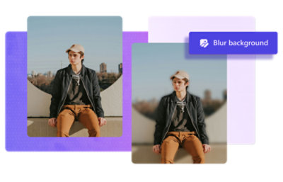 A young individual wearing a beige cap and dark jacket sits outdoors, with a blurred cityscape background effect.