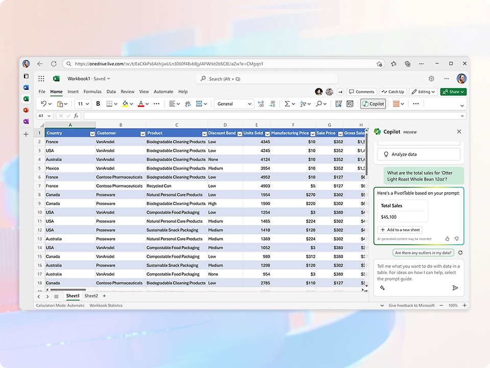 Uma captura de tela do Microsoft Excel com o Copilot.