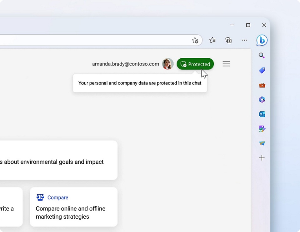 Foto no canto superior direito do Microsoft Edge com ícone de e-mail, menu (ícone de hambúrguer) e selo verde de proteção