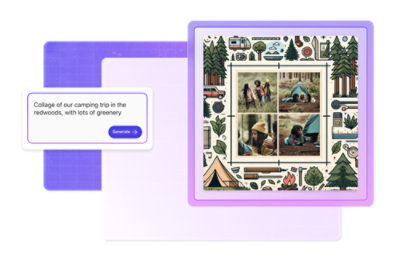 Kolaž fotografij s kampiranja v gozdu sekvoj.