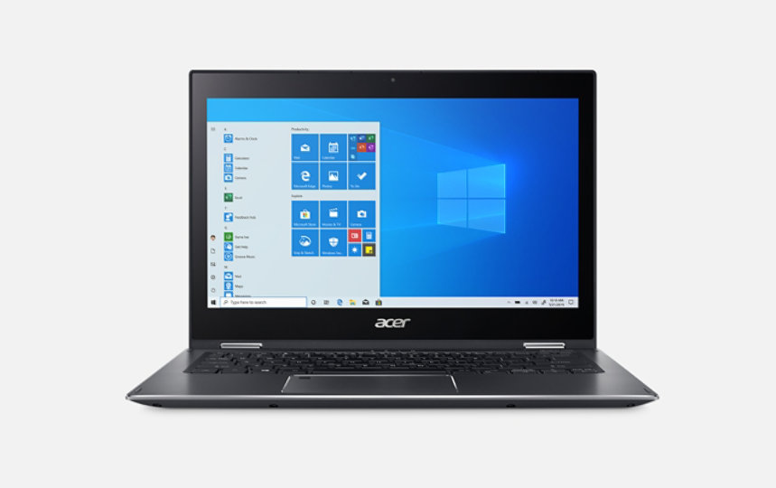Acer Spin 5 2-in-1 PC with Windows 10 Start menu onscreen.