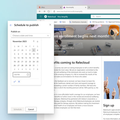 Ein Viva Amplify-Fenster mit einer geöffneten Veröffentlichung und einem Kalender, der sich über dem Fenster mit Optionen zur Auswahl des zu veröffentlichenden Kalenders befindet