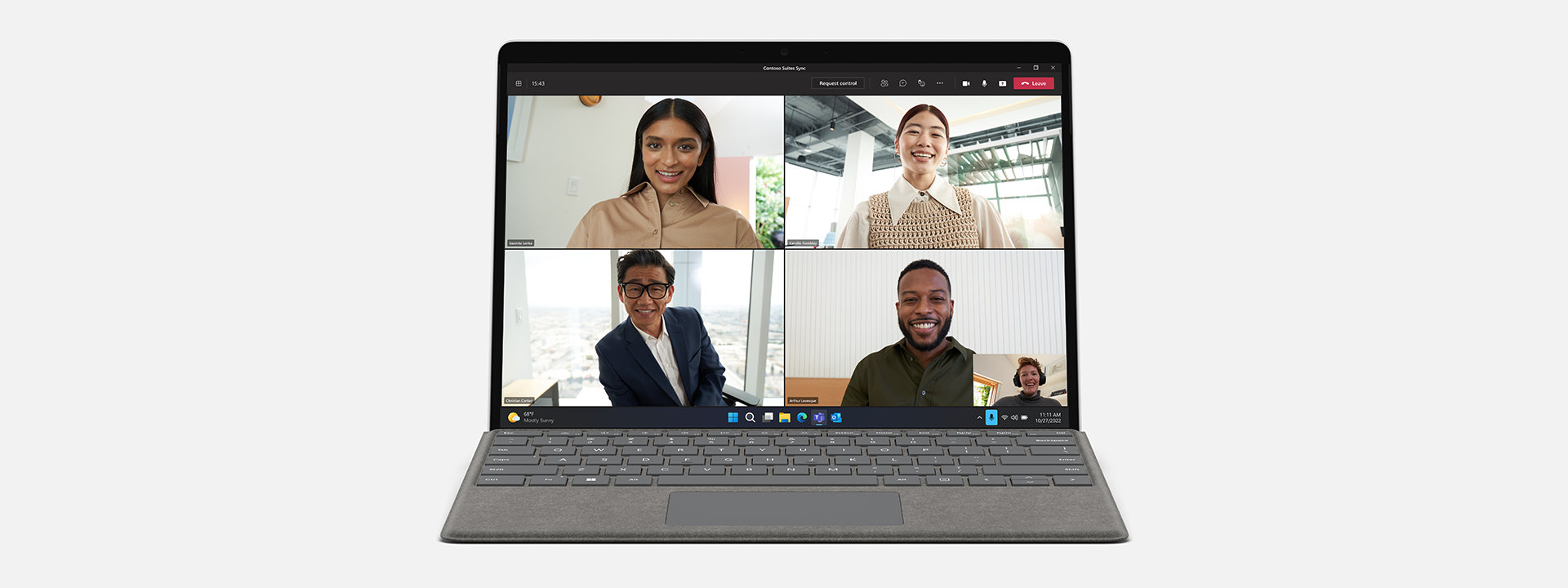 Surface Pro 9 for Business with Microsoft Teams on the screen. 