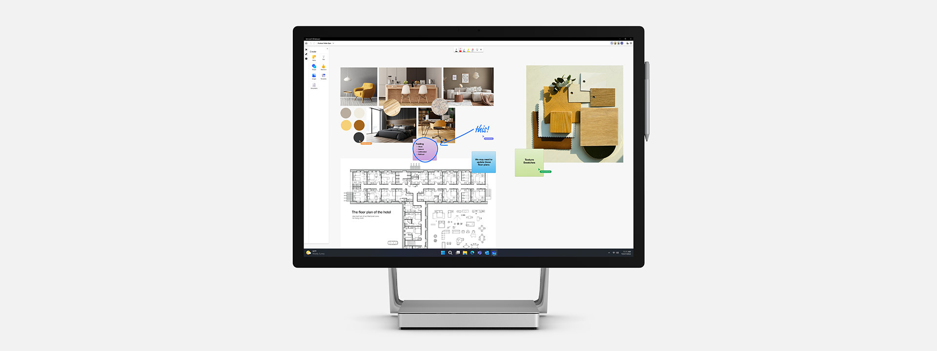 Surface Studio 2+ for Business with Microsoft Whiteboard in Teams on the screen.