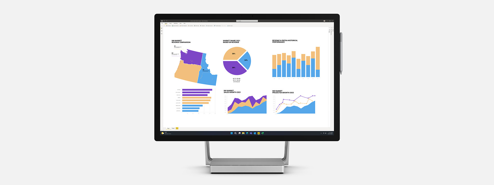 Surface Studio 2+ for Business with Microsoft Power BI on the screen.