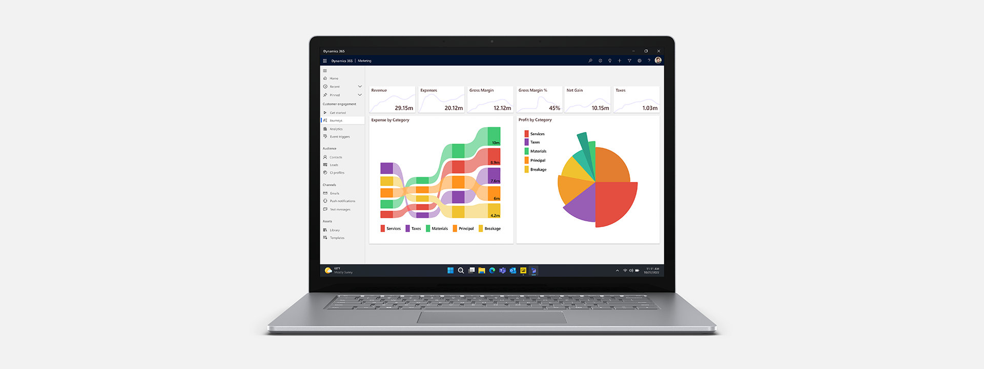 Surface Laptop 5 for Business with Microsoft Dynamics 365 on the screen.