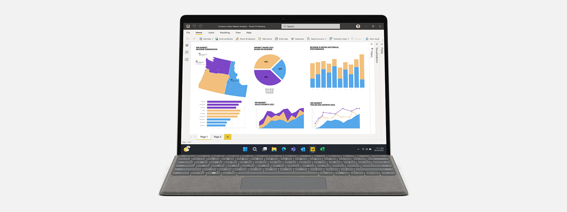 Surface Pro 9 pour les entreprises avec Microsoft Power BI à l’écran. 