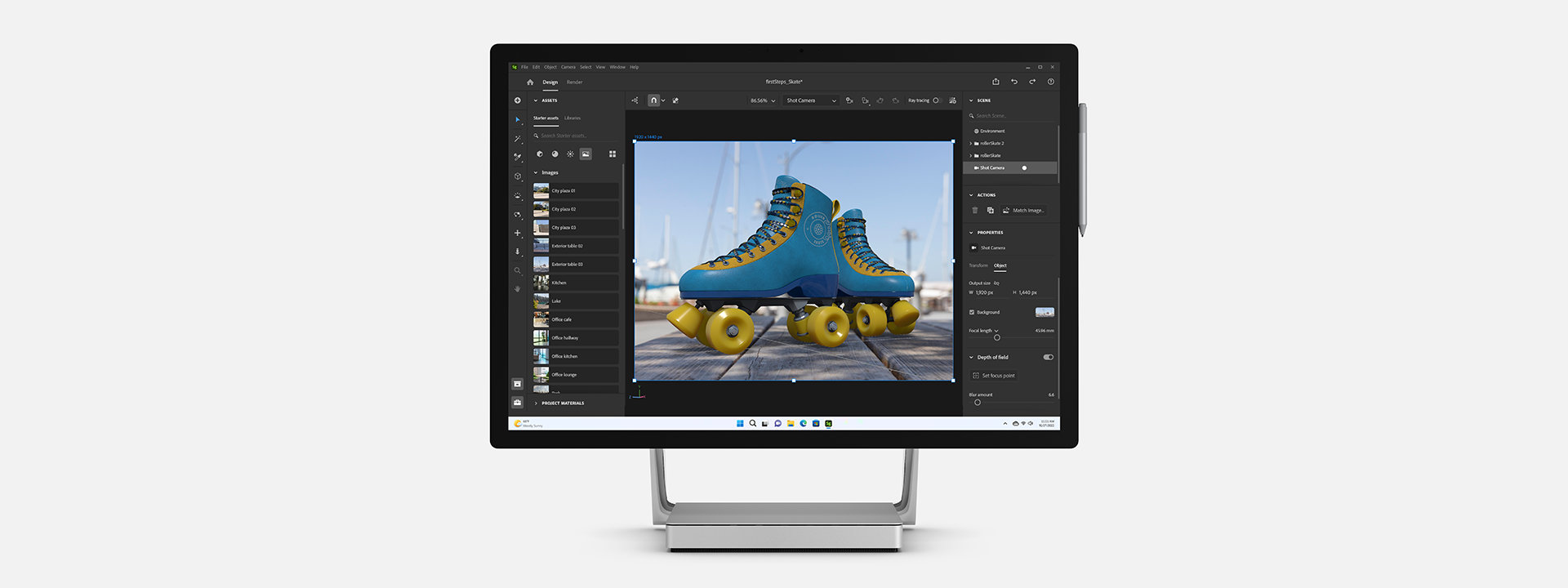 Surface Studio 2+ pour les entreprises avec Adobe Substance 3D à l’écran.