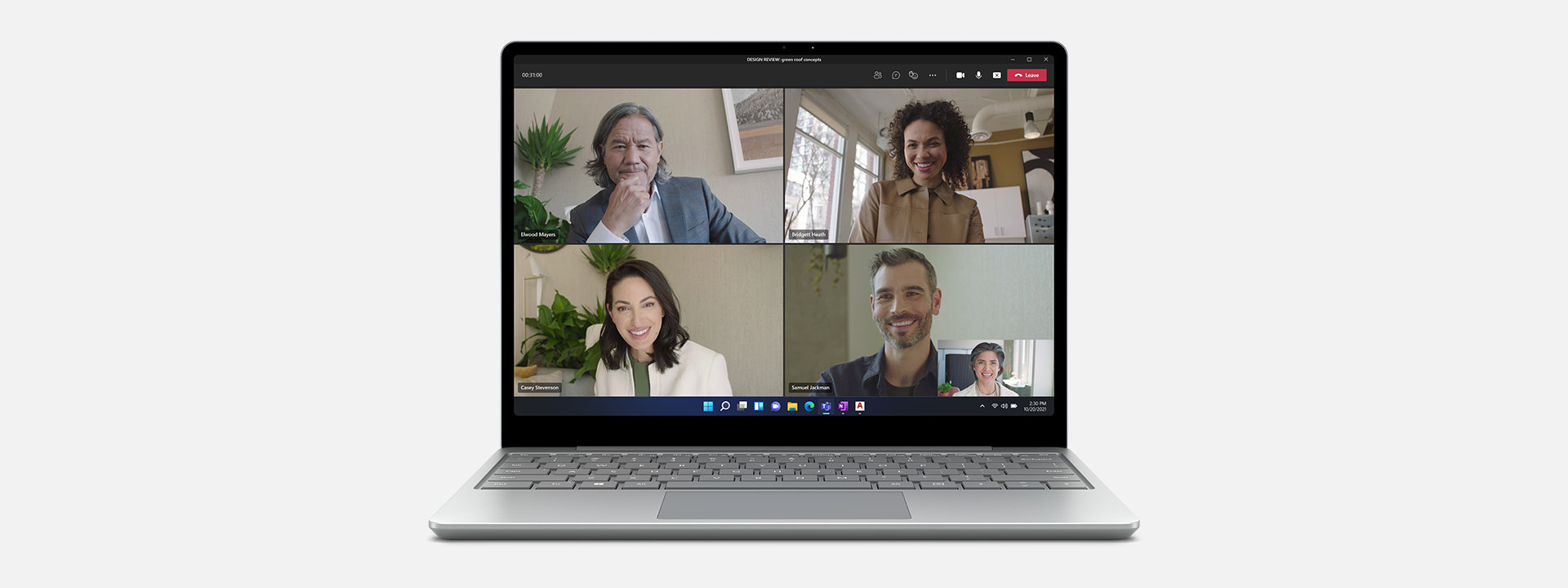 A Microsoft Teams call open on a Surface Laptop Go 2 for Business.