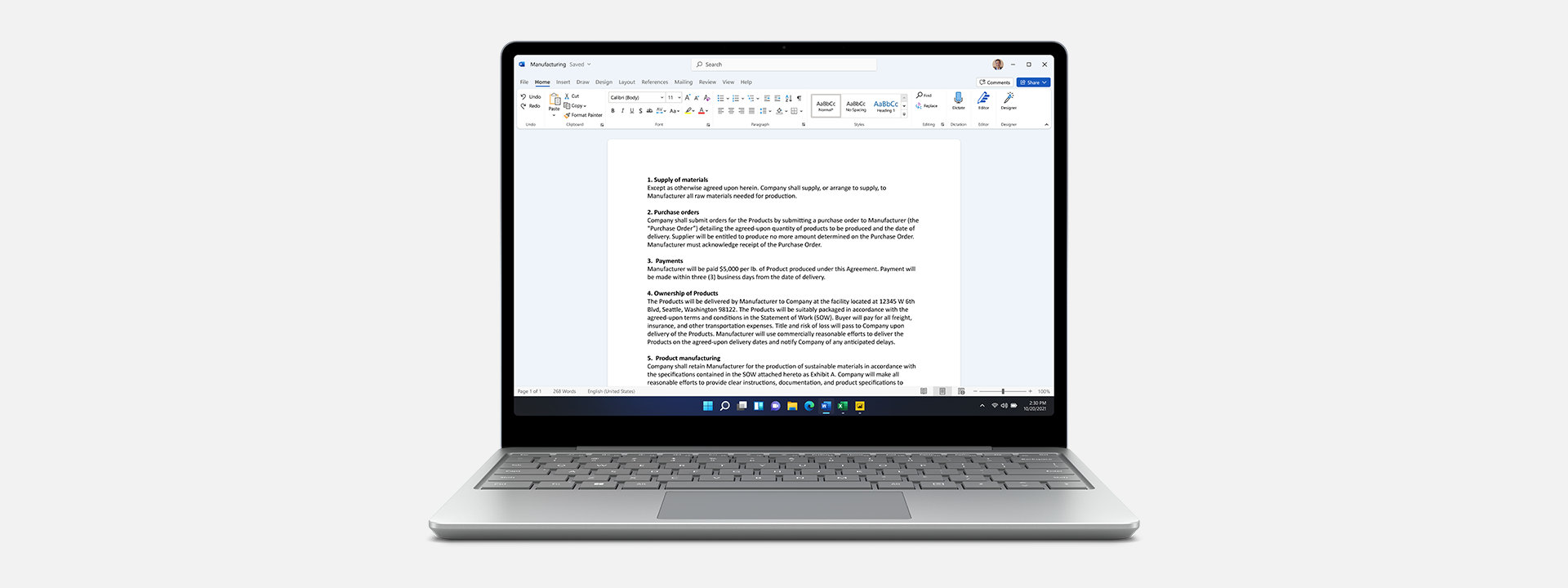 A Microsoft Word document open on a Surface Laptop Go 2 for Business.