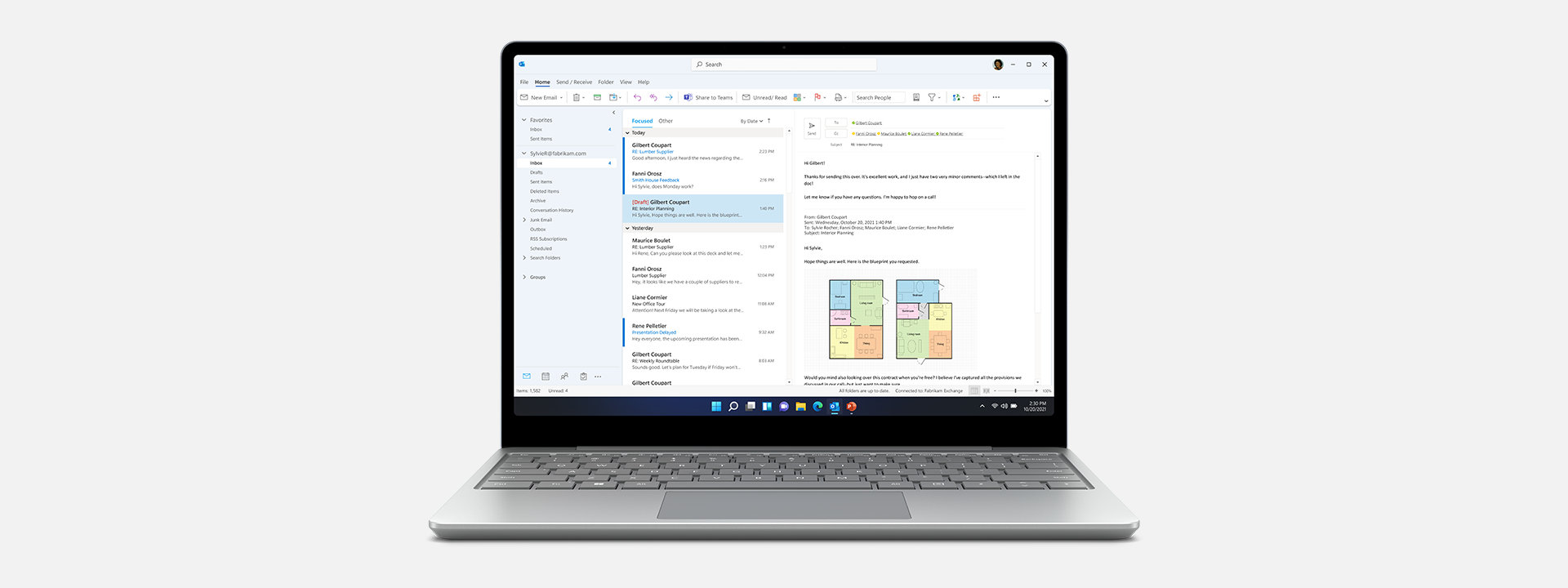 A Microsoft Outlook inbox open on a Surface Laptop Go 2 for Business.