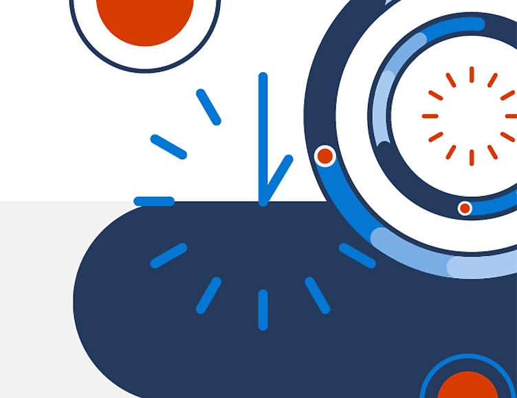 Graphic design element with a blue and red circle on a white background