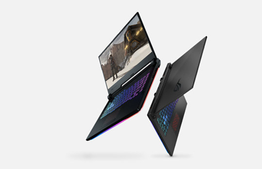 Two floating Asus ROG Gaming PCs next to each other, with a game playing on screen.