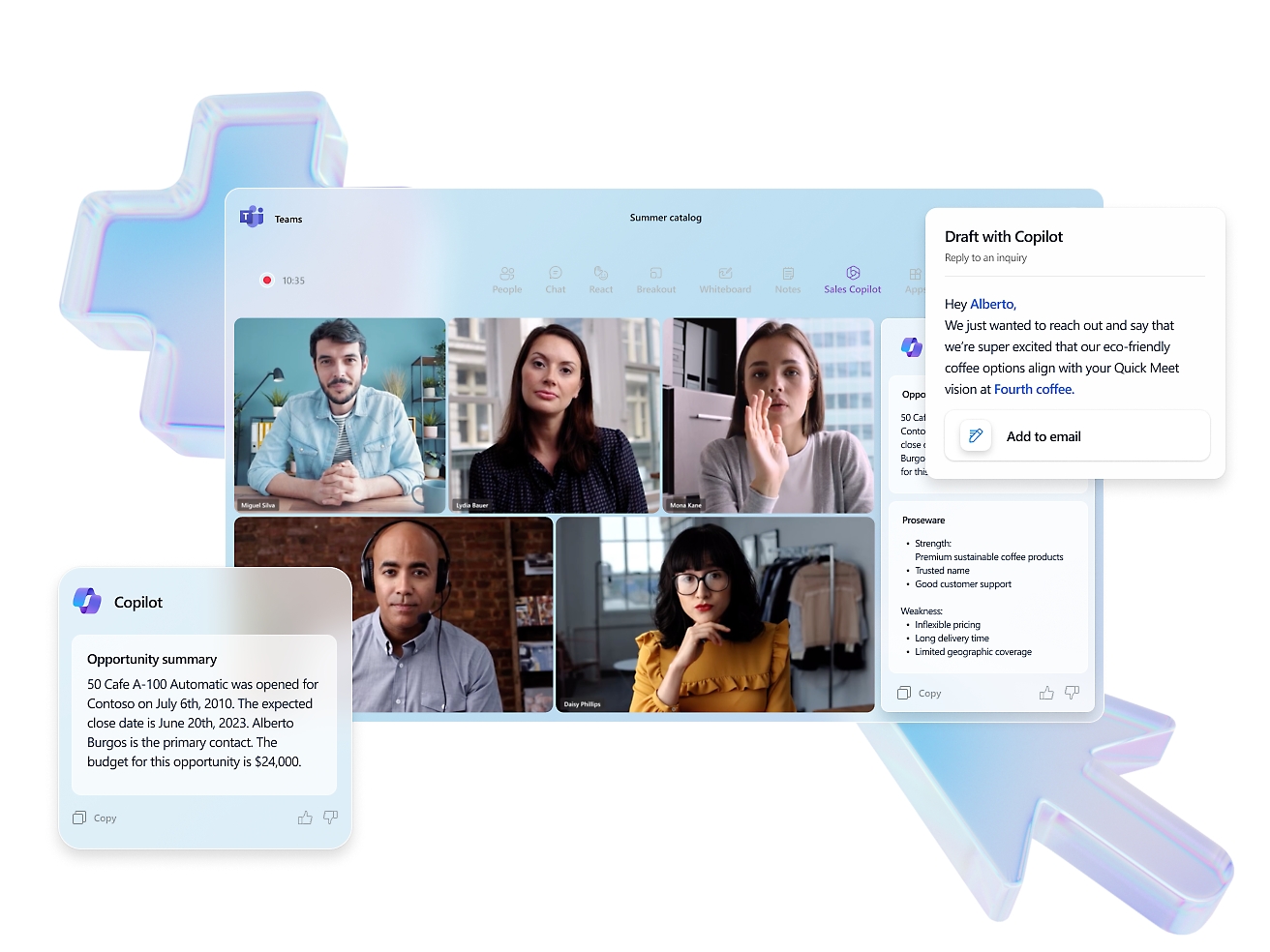 Window showing Microsoft teams video call and multiple dialog boxes showing various text using copilot