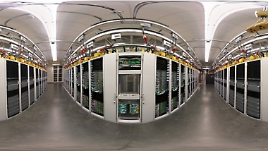 A fish eye lens view of a server room