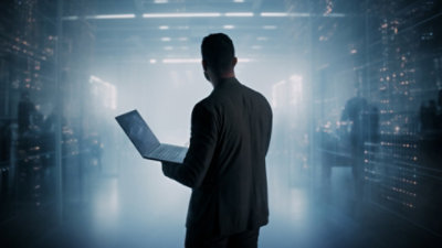 Ein Mann, der ein Laptop hält.