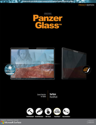 PanzerGlass Surface Pro X および Pro 8 プライバシー スクリーン プロテクターのパッケージ。