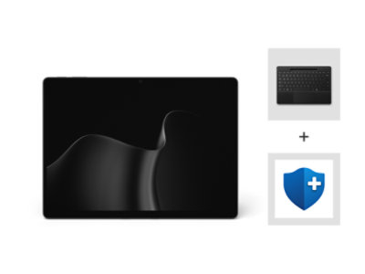 A Black Surface Pro, 13-inch (12th Edition) with Snapdragon® processors with a Surface Pro 13-inch Flex Keyboard with pen storage and Microsoft Complete.