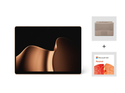 Ein Surface Pro in der Farbe Sand mit Snapdragon®-Prozessoren, Surface Pro 13-Zoll-Flex-Tastatur mit Stiftaufbewahrung und Microsoft 365.