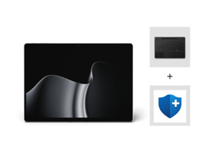 A Platinum Surface Pro, 13-inch (12th Edition) with Snapdragon® processors with a Surface Pro 13-inch Flex Keyboard with pen storage and Microsoft Complete.