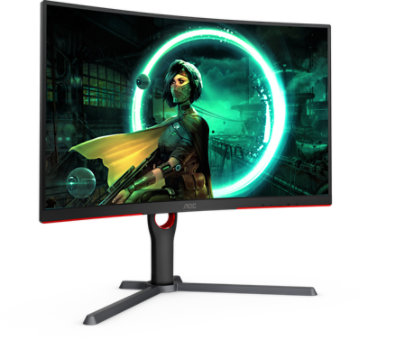 An A O C C Q 27 G 3 S Curved Gaming Monitor facing right.