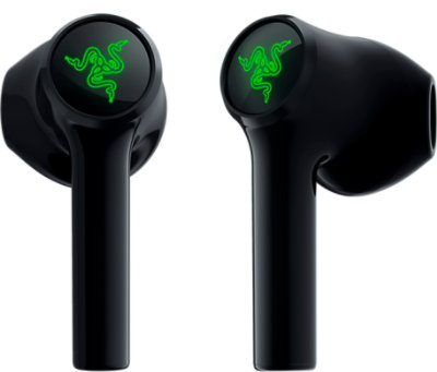 Front and side views of the Razer Hammerhead True Wireless X Earbuds in Black.