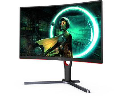 An A O C C Q 27 G 3 S Curved Gaming Monitor facing left.